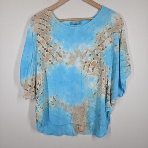 River + Sky Blue Tan Tie Dye Top Oversized Relaxed Dolman Boho Coastal Medium